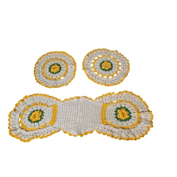Handmade Crochet Doily Set 3 Pieces Yellow & White Floral Design - Picture 1 of 4